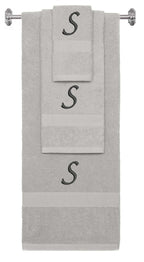 Silver monogrammed towel set with Black thread, Chancery font, initial S - 540 GSM cotton 3-piece
