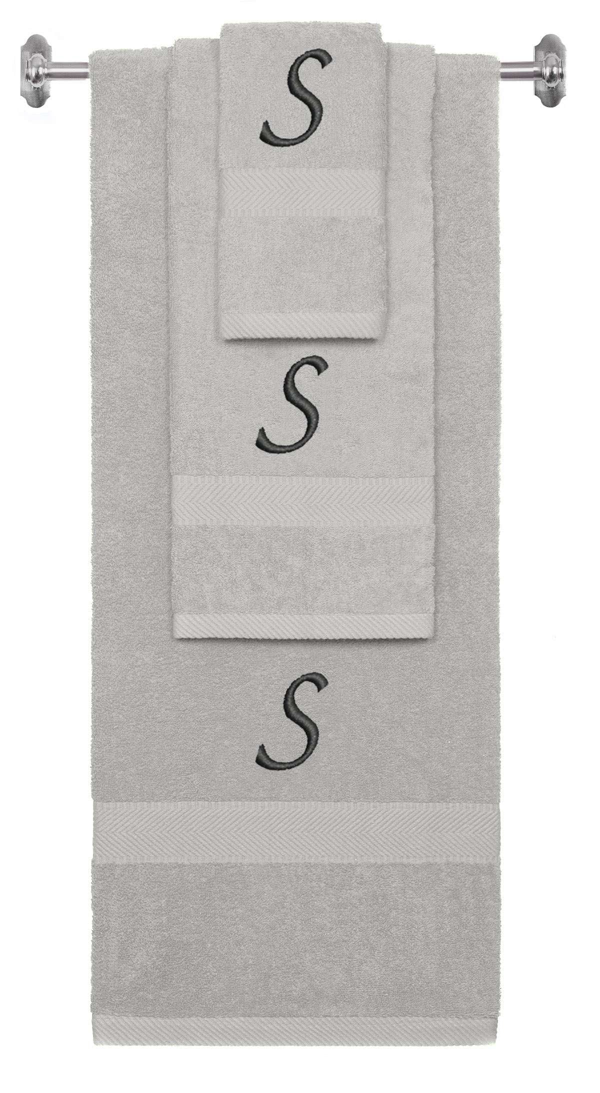 Silver monogrammed towel set with Black thread, Chancery font, initial S - 540 GSM cotton 3-piece