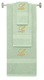 Mint Green monogrammed towel set with Gold thread, Diana Script font, initial L - 540 GSM cotton 3-piece