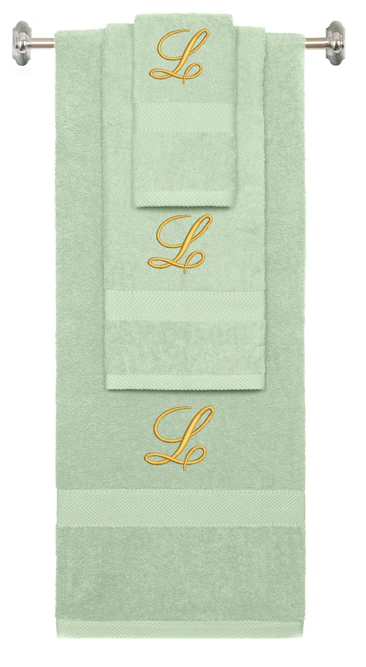 Mint Green monogrammed towel set with Gold thread, Diana Script font, initial L - 540 GSM cotton 3-piece