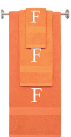 Orange monogrammed towel set with White thread, Times New Roman font, initial F - 540 GSM cotton 3-piece