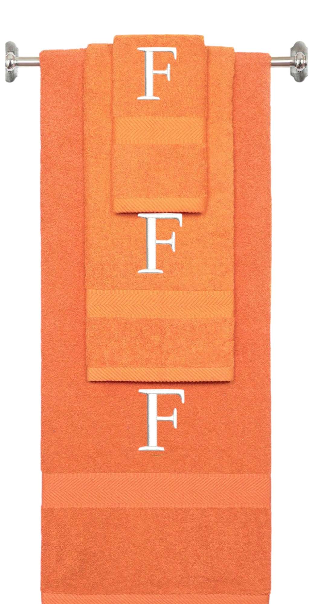 Orange monogrammed towel set with White thread, Times New Roman font, initial F - 540 GSM cotton 3-piece