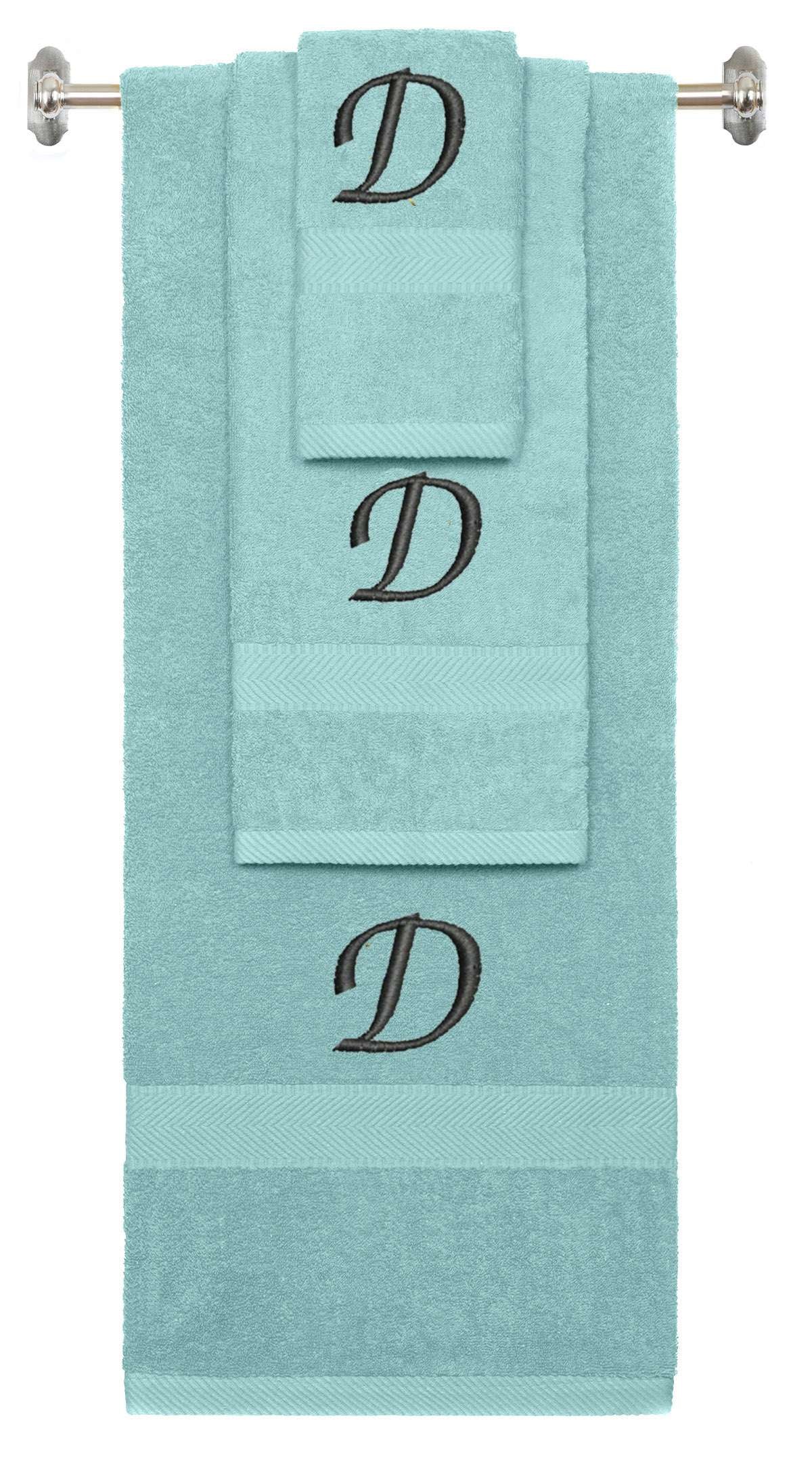 Nautical Teal monogrammed towel set with Black thread, Chancery font, initial D - 540 GSM cotton 3-piece