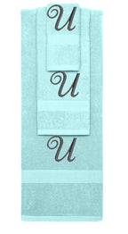 Nautical Teal monogrammed towel set with Black thread, Diana Script font, initial U - 540 GSM cotton 3-piece