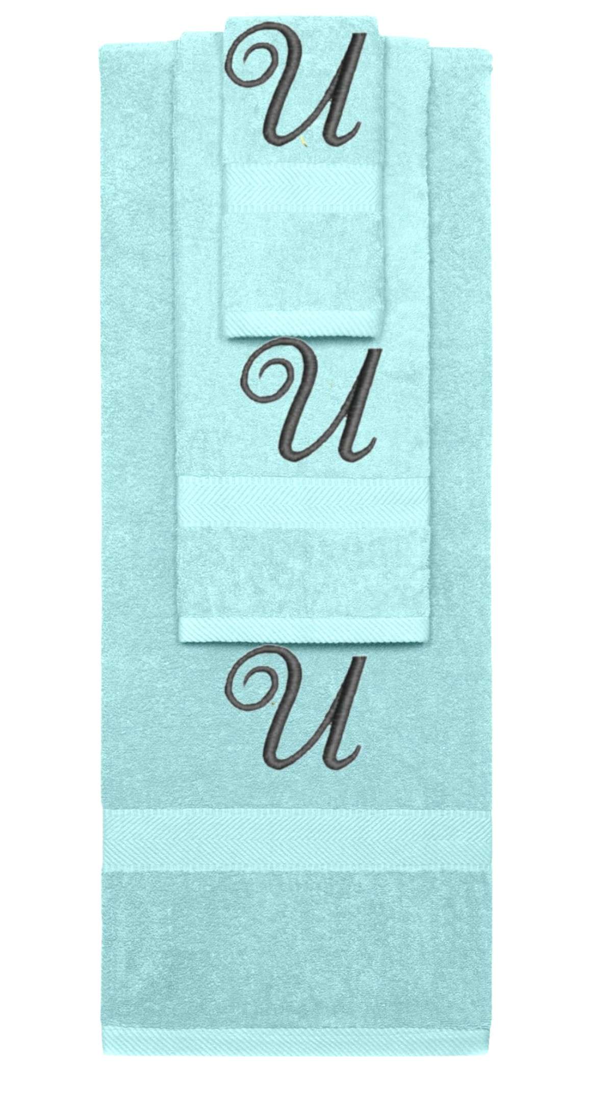 Nautical Teal monogrammed towel set with Black thread, Diana Script font, initial U - 540 GSM cotton 3-piece