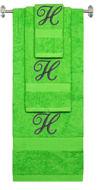 Lime monogrammed towel set with Black thread, Diana Script font, initial H - 540 GSM cotton 3-piece