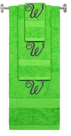 Lime monogrammed towel set with Black thread, Diana Script font, initial W - 540 GSM cotton 3-piece