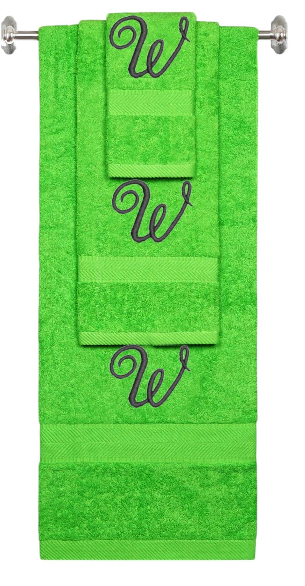 Lime monogrammed towel set with Black thread, Diana Script font, initial W - 540 GSM cotton 3-piece