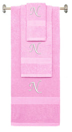 Pink monogrammed towel set with White thread, Chancery font, initial N - 540 GSM cotton 3-piece