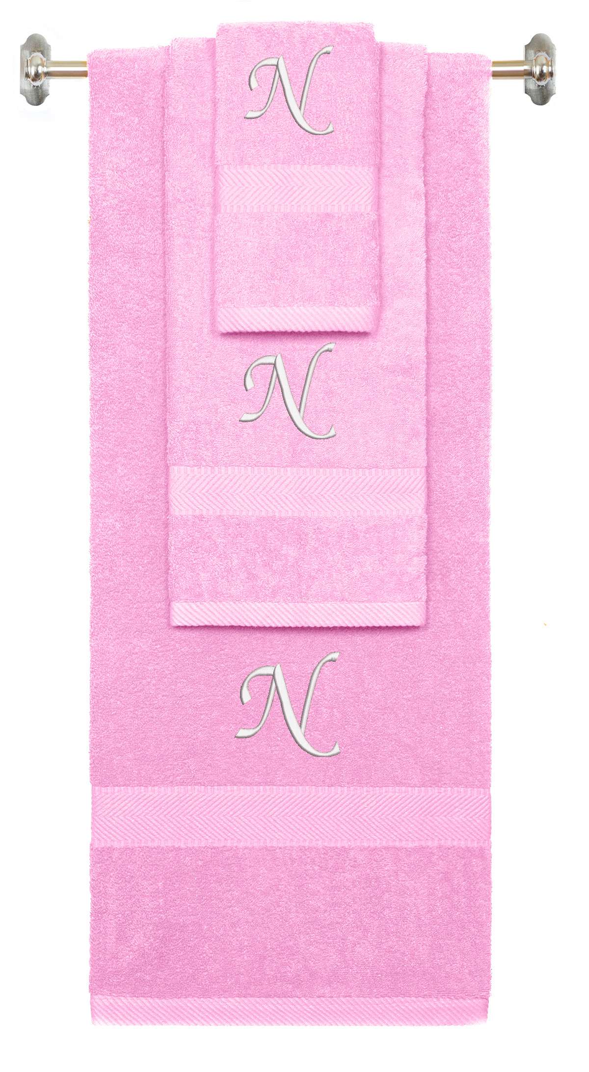 Pink monogrammed towel set with White thread, Chancery font, initial N - 540 GSM cotton 3-piece