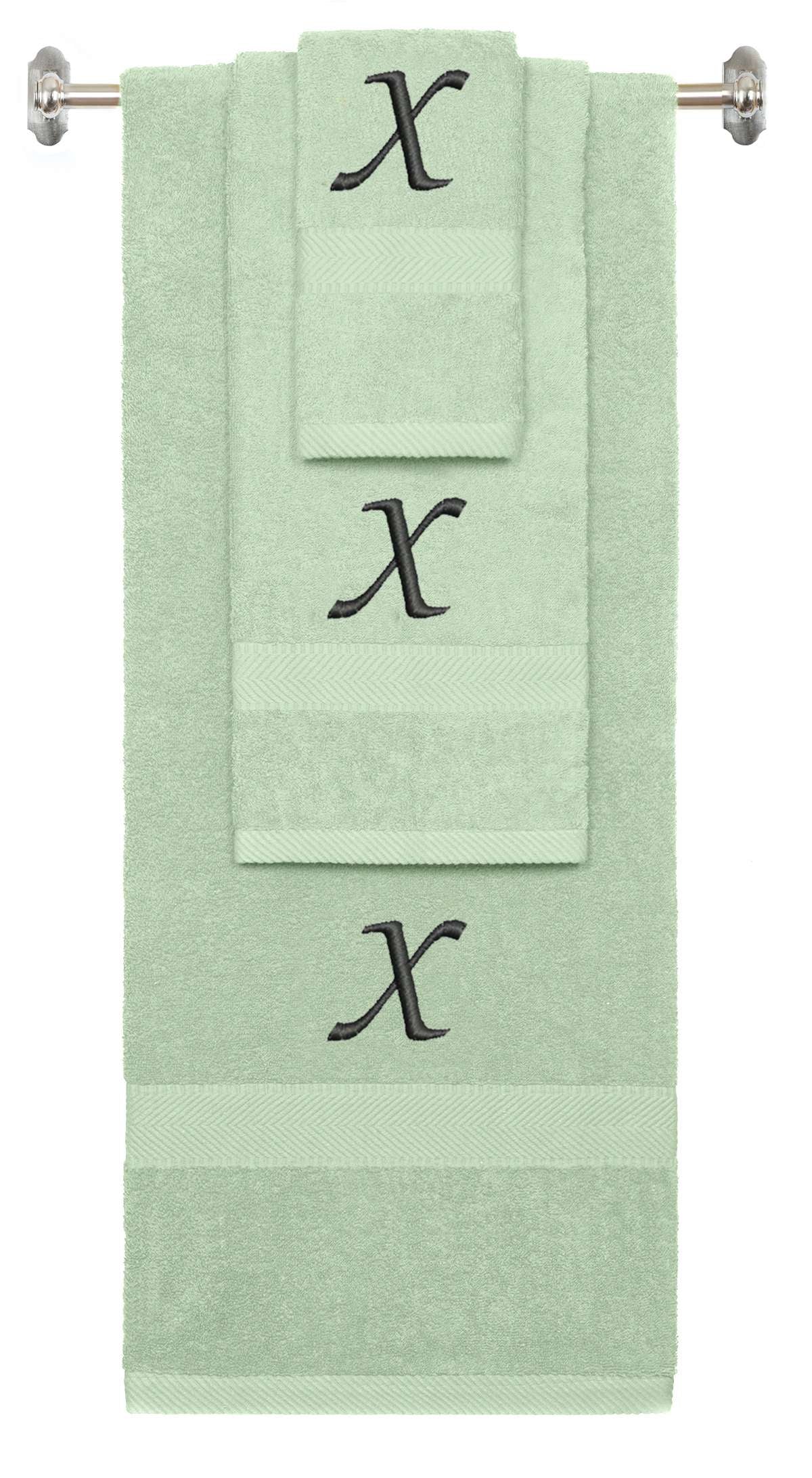 Mint Green monogrammed towel set with Black thread, Chancery font, initial Y - 540 GSM cotton 3-piece