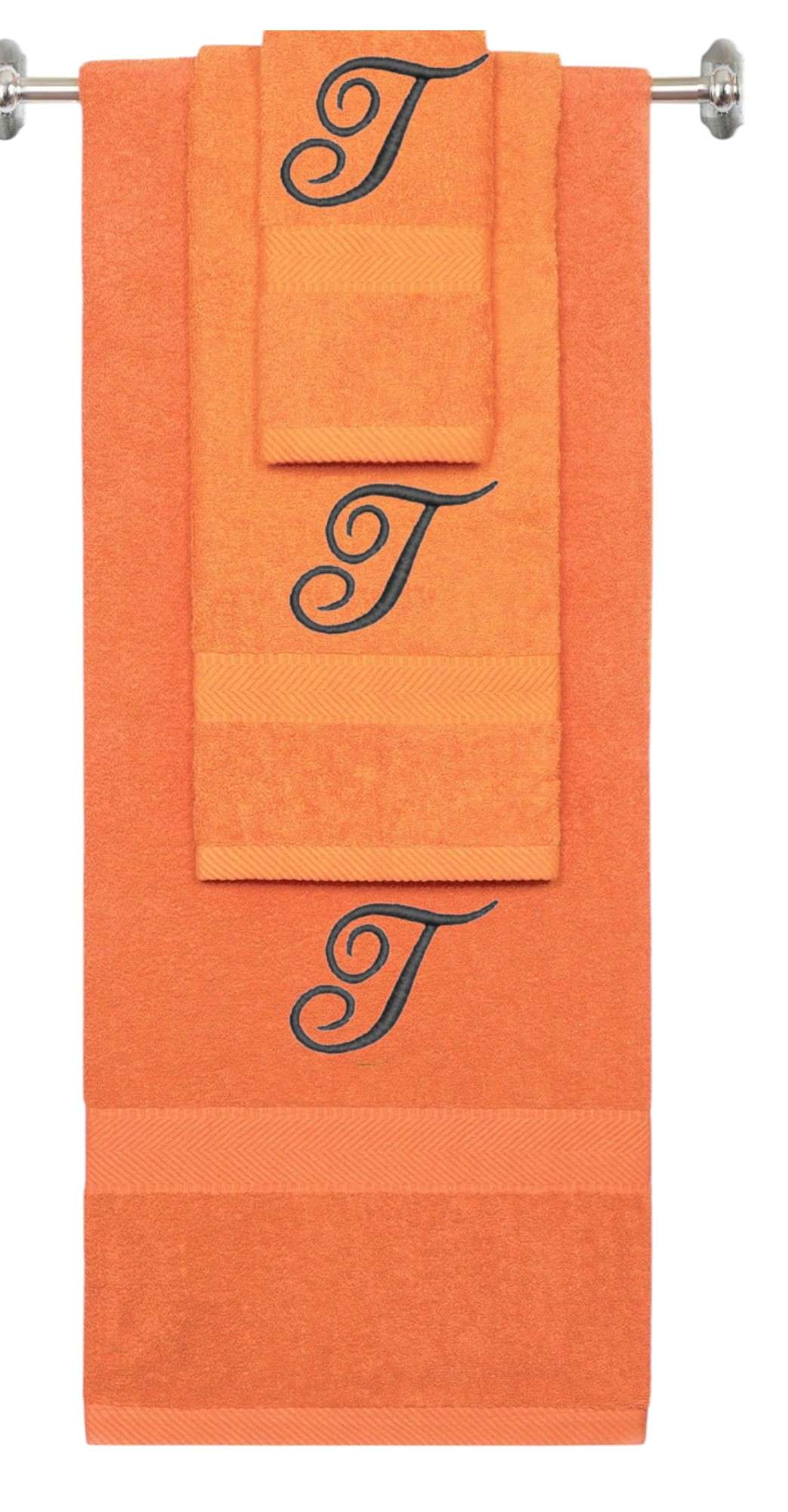 Orange monogrammed towel set with Black thread, Diana Script font, initial T - 540 GSM cotton 3-piece