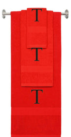 Red monogrammed towel set with Black thread, Times New Roman font, initial T - 540 GSM cotton 3-piece
