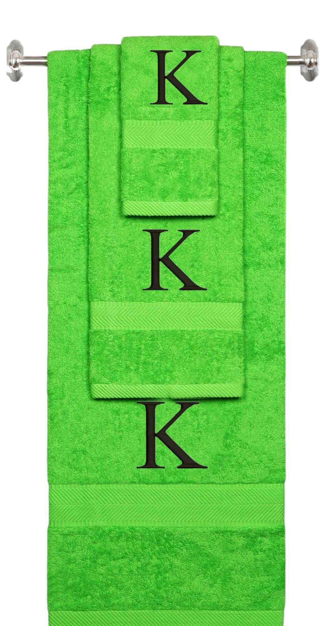 Lime monogrammed towel set with Black thread, Times New Roman font, initial K - 540 GSM cotton 3-piece