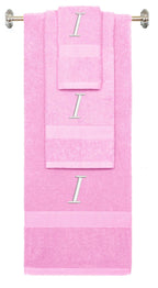 Pink monogrammed towel set with White thread, Chancery font, initial I - 540 GSM cotton 3-piece