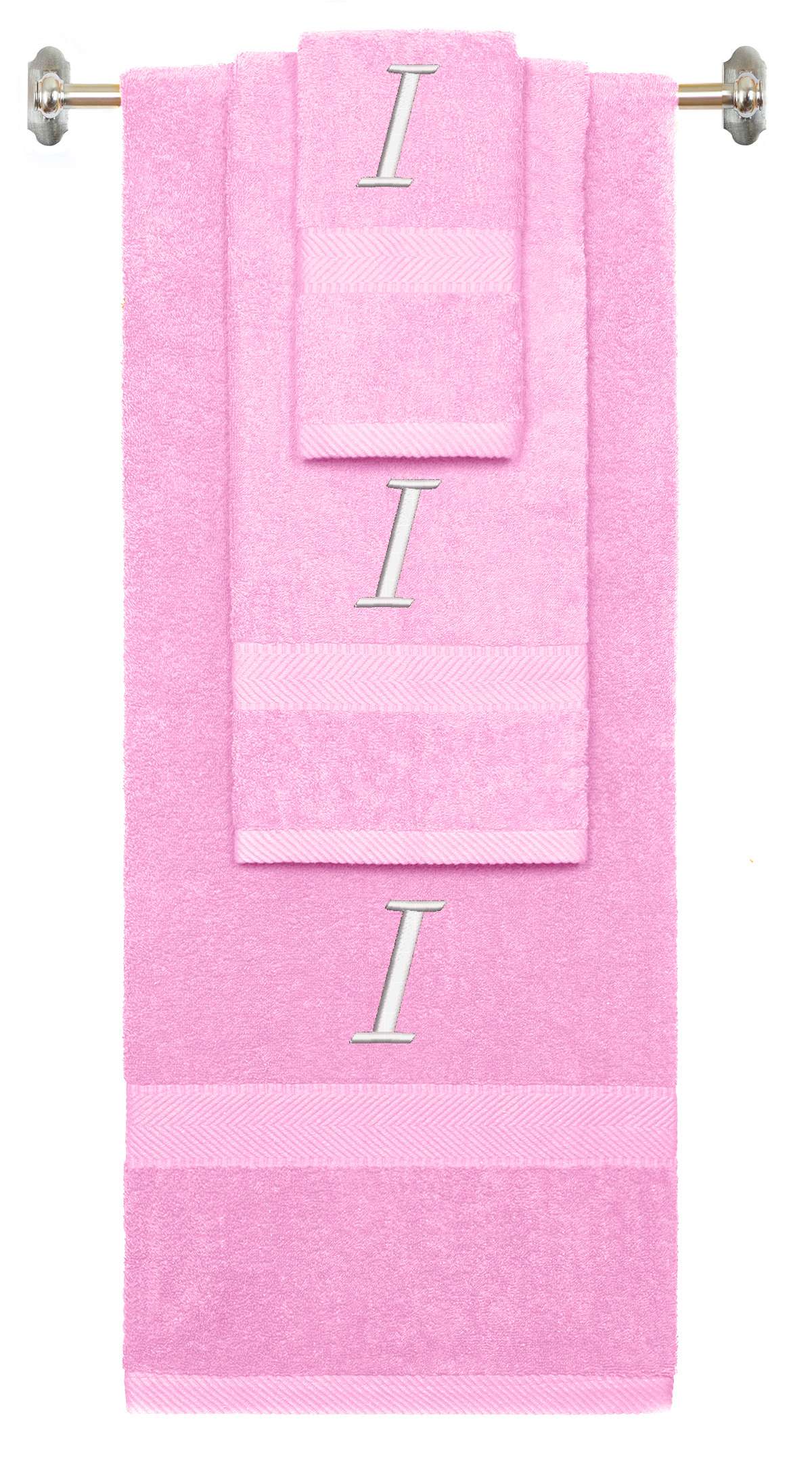 Pink monogrammed towel set with White thread, Chancery font, initial I - 540 GSM cotton 3-piece