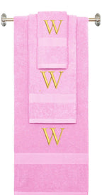 Pink monogrammed towel set with Silver thread, Times New Roman font, initial W - 540 GSM cotton 3-piece
