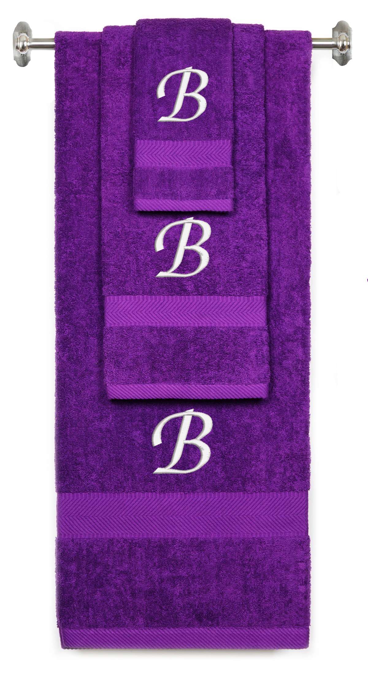 Purple monogrammed towel set with White thread, Chancery font, initial B - 540 GSM cotton 3-piece