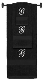 Black monogrammed towel set with Silver thread, Diana Script font, initial G - 540 GSM cotton 3-piece