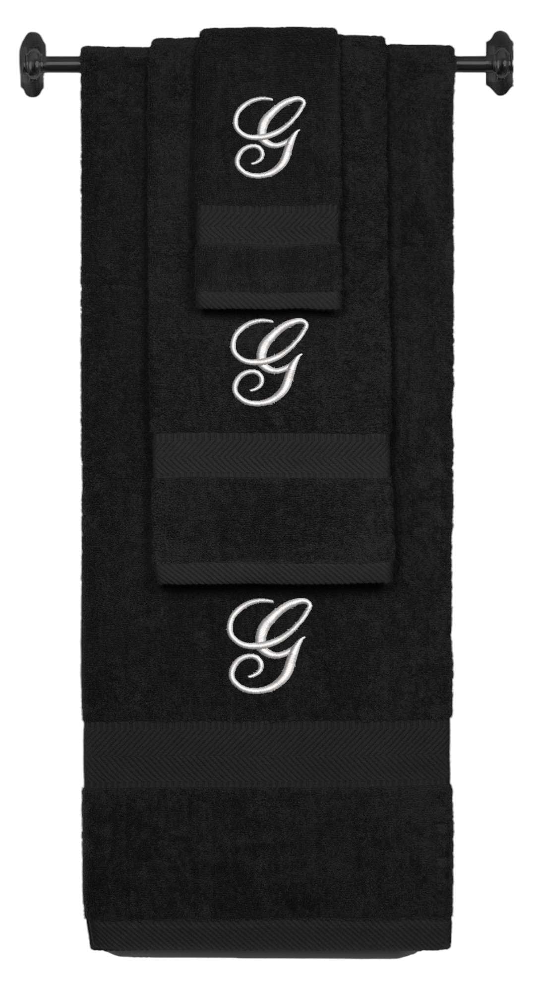 Black monogrammed towel set with Silver thread, Diana Script font, initial G - 540 GSM cotton 3-piece