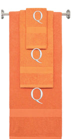 Orange monogrammed towel set with Silver thread, Times New Roman font, initial Q - 540 GSM cotton 3-piece