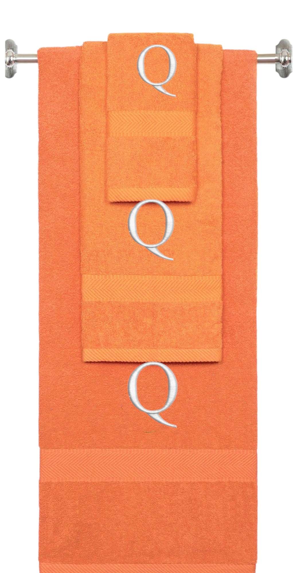 Orange monogrammed towel set with Silver thread, Times New Roman font, initial Q - 540 GSM cotton 3-piece
