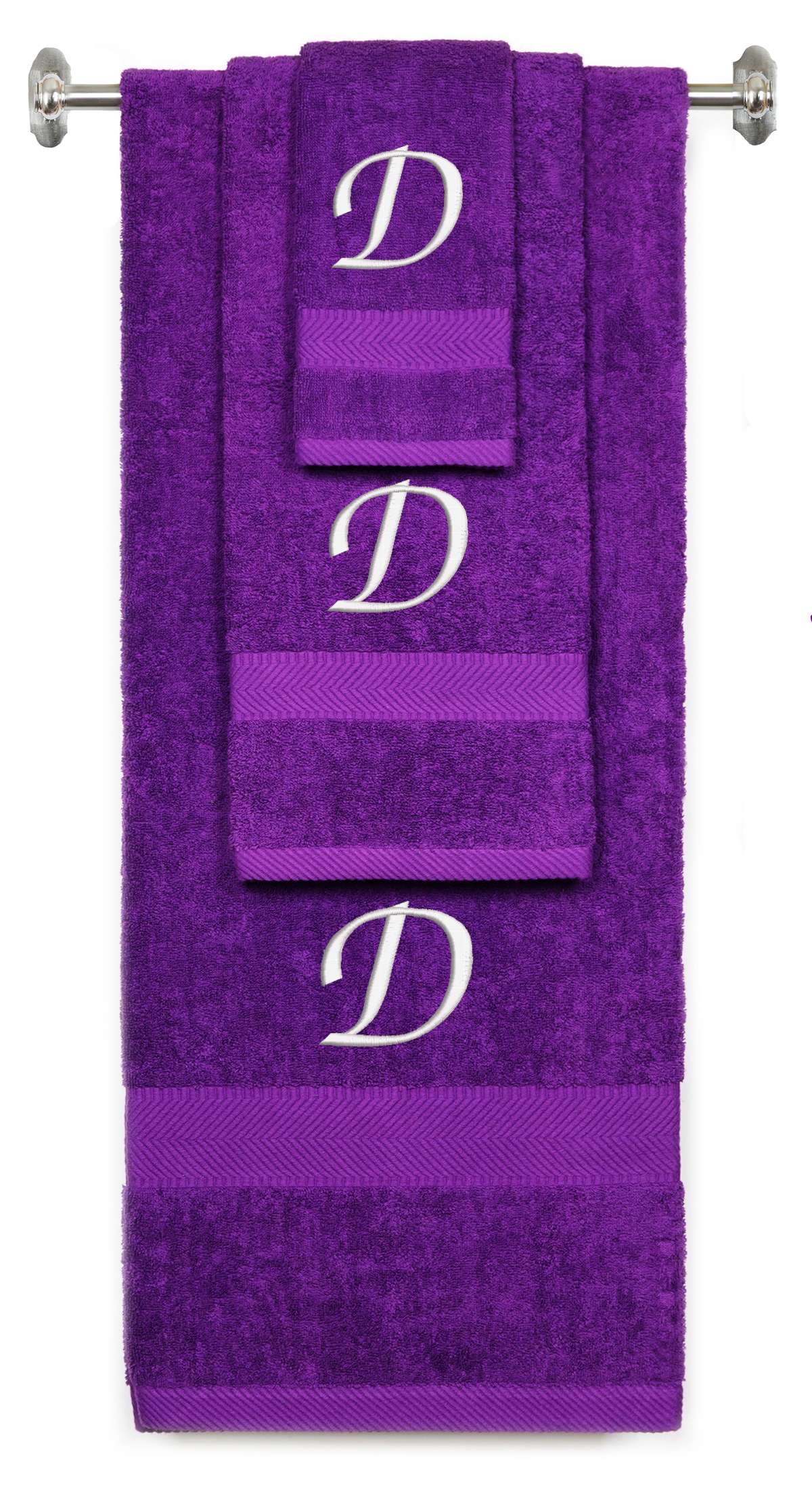 Purple monogrammed towel set with White thread, Chancery font, initial D - 540 GSM cotton 3-piece