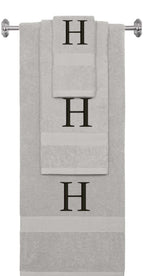 Silver monogrammed towel set with Black thread, Times New Roman font, initial H - 540 GSM cotton 3-piece