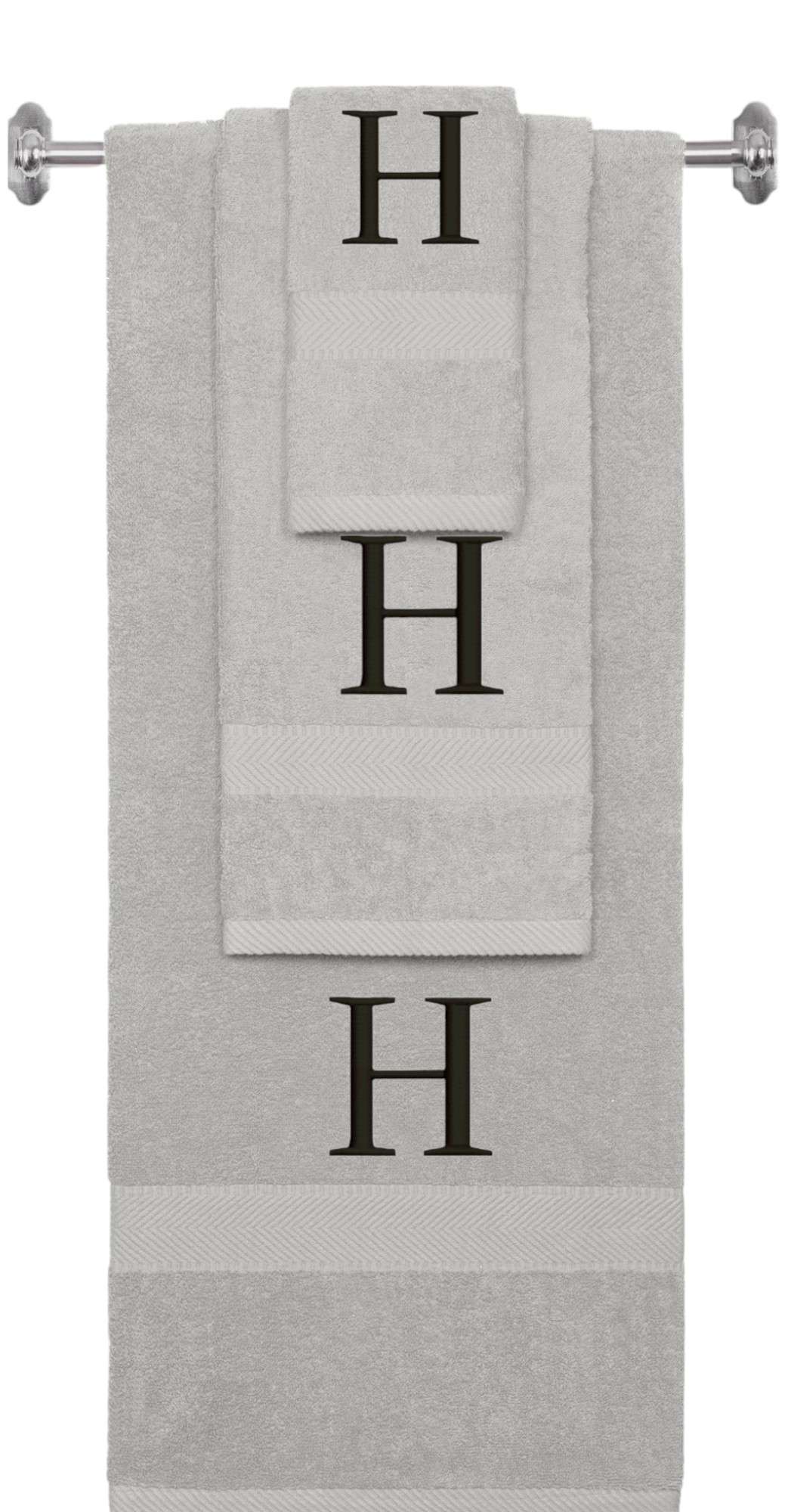 Silver monogrammed towel set with Black thread, Times New Roman font, initial H - 540 GSM cotton 3-piece