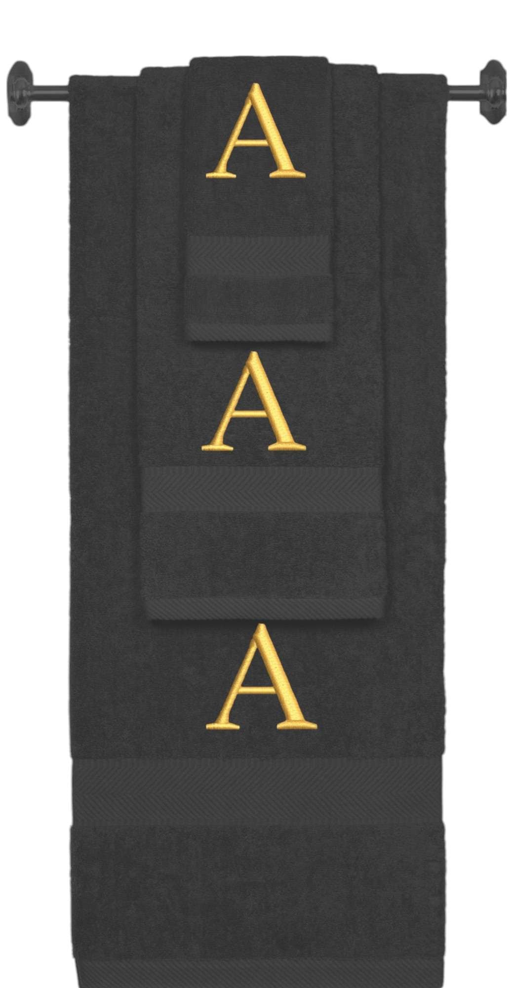 Charcoal monogrammed towel set with Gold thread, Times New Roman font, initial A - 540 GSM cotton 3-piece
