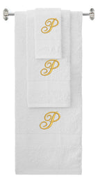 White monogrammed towel set with Gold thread, Diana Script font, initial P - 540 GSM cotton 3-piece