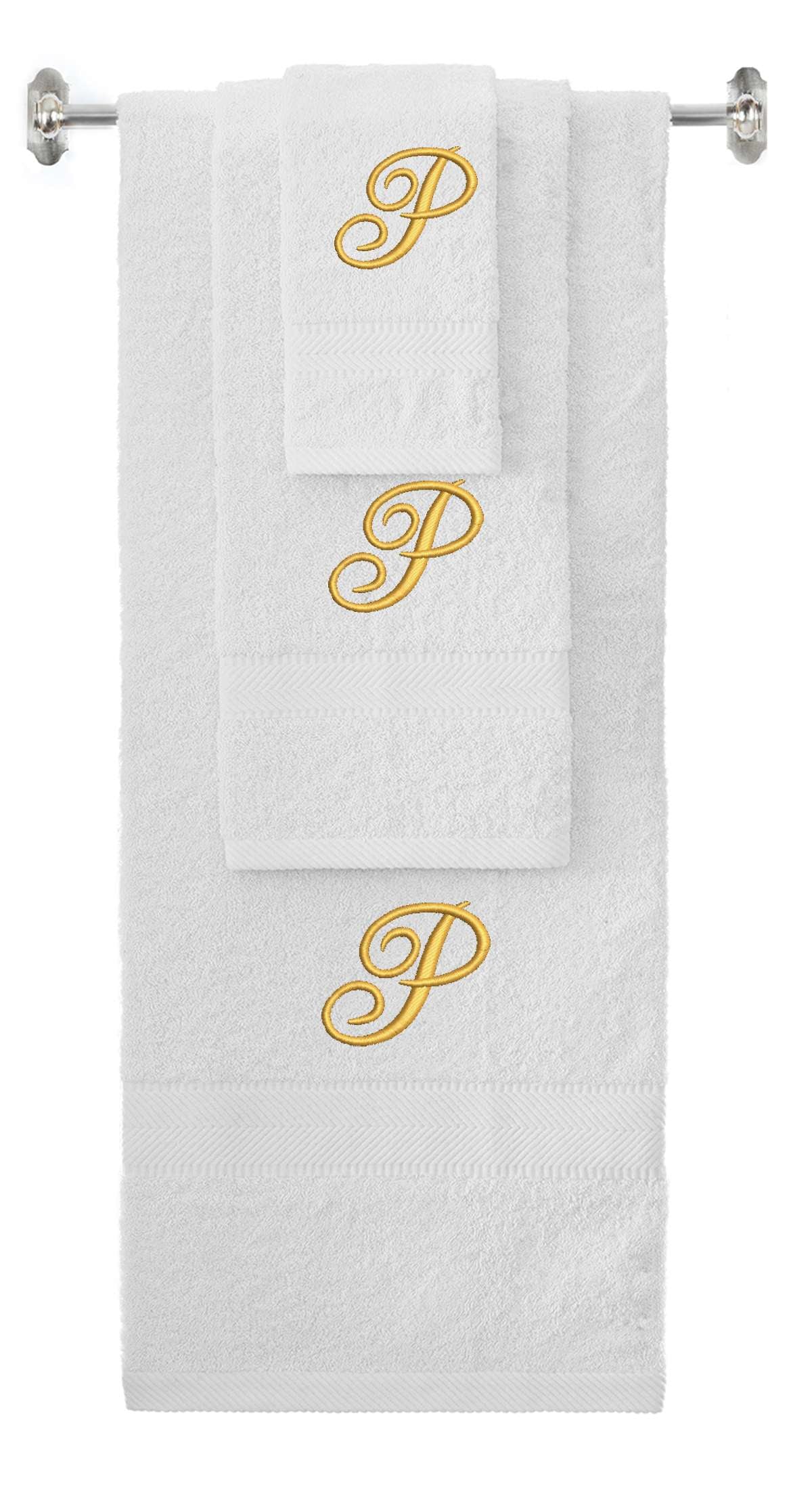 White monogrammed towel set with Gold thread, Diana Script font, initial P - 540 GSM cotton 3-piece