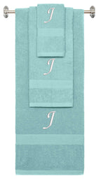 Nautical Teal monogrammed towel set with White thread, Chancery font, initial J - 540 GSM cotton 3-piece