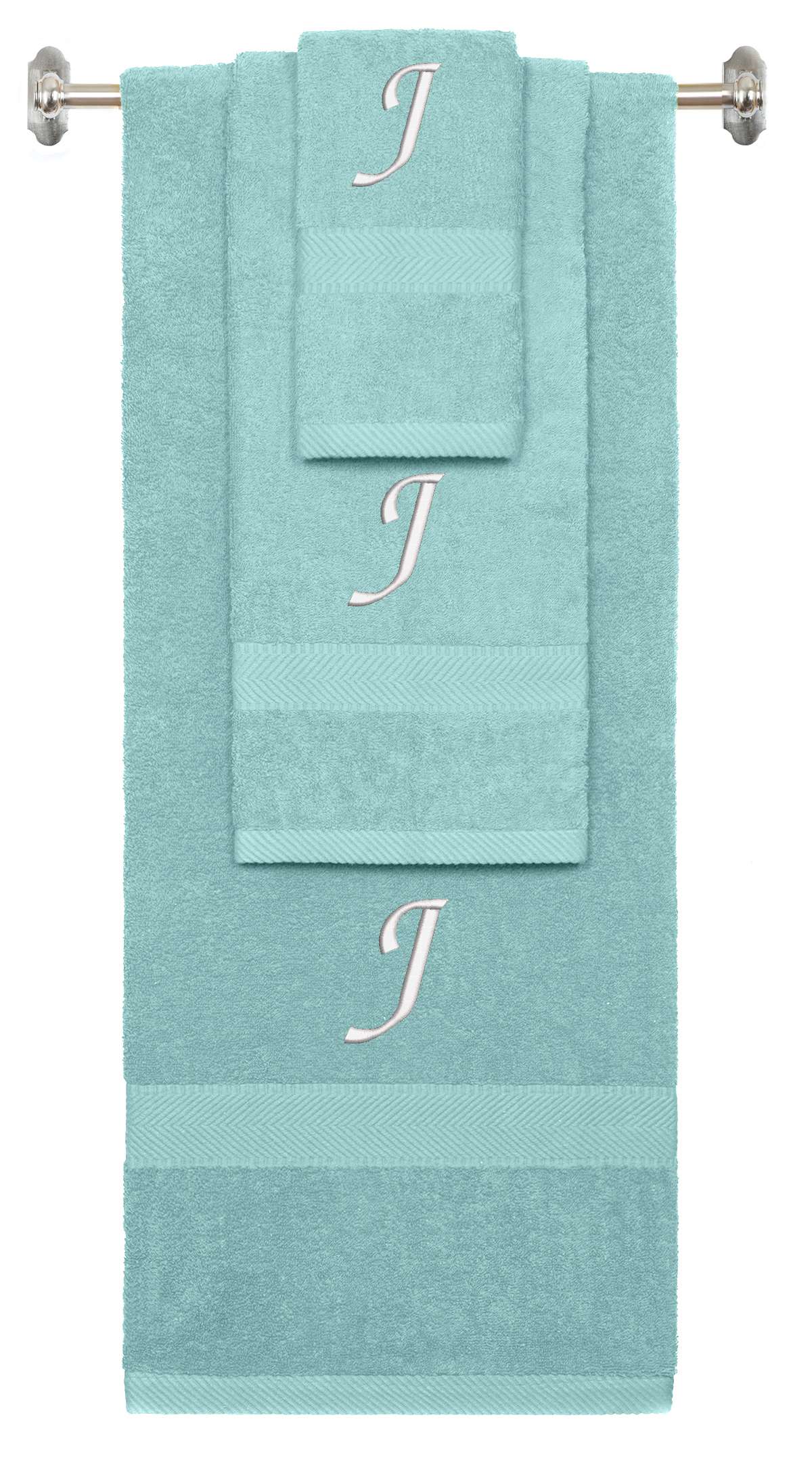 Nautical Teal monogrammed towel set with White thread, Chancery font, initial J - 540 GSM cotton 3-piece