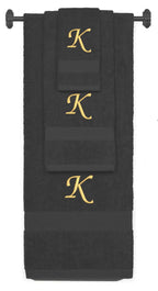 Charcoal monogrammed towel set with Gold thread, Chancery font, initial K - 540 GSM cotton 3-piece
