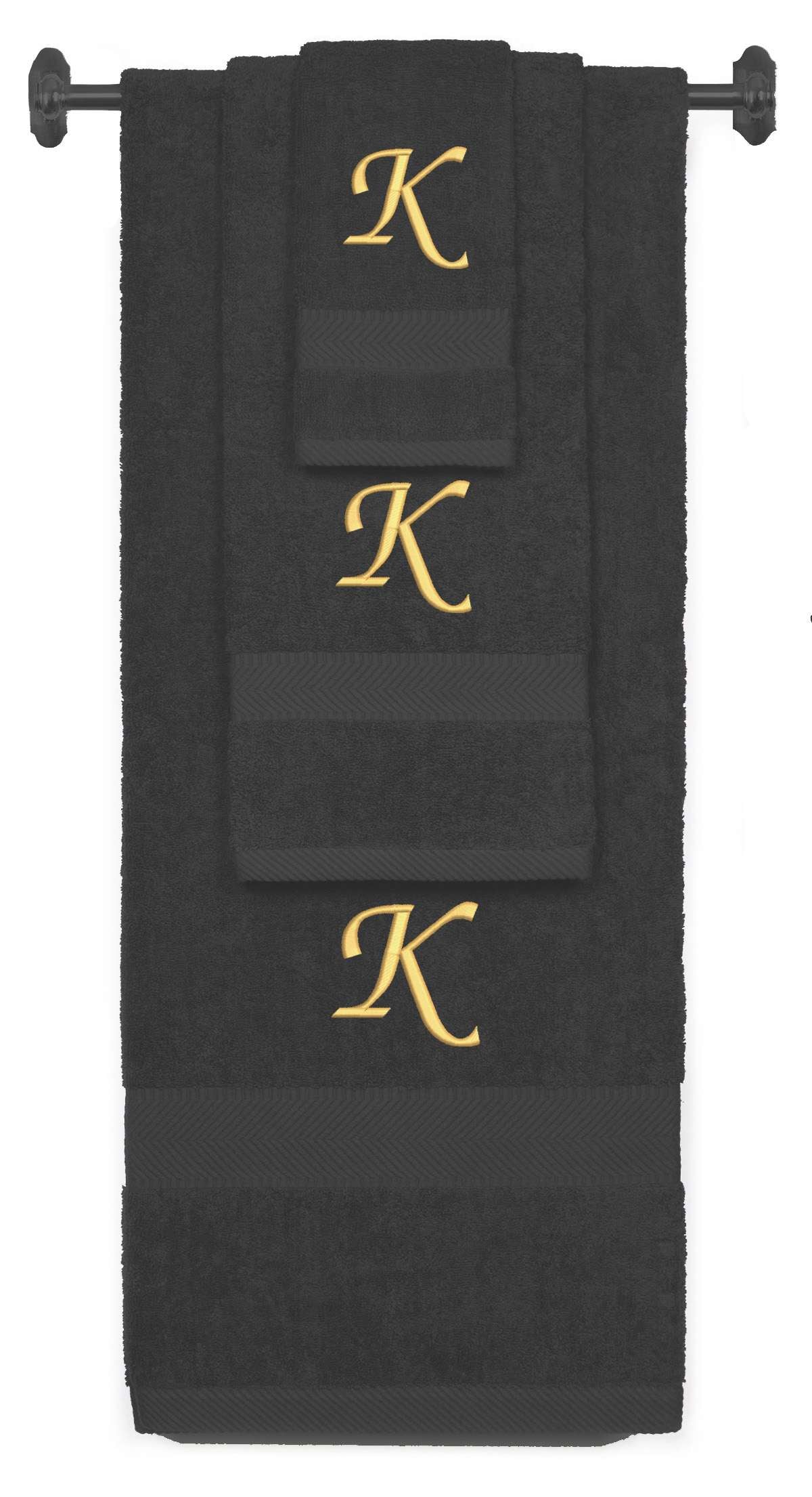 Charcoal monogrammed towel set with Gold thread, Chancery font, initial K - 540 GSM cotton 3-piece