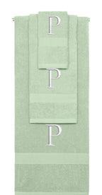 Mint Green monogrammed towel set with Silver thread, Times New Roman font, initial P - 540 GSM cotton 3-piece