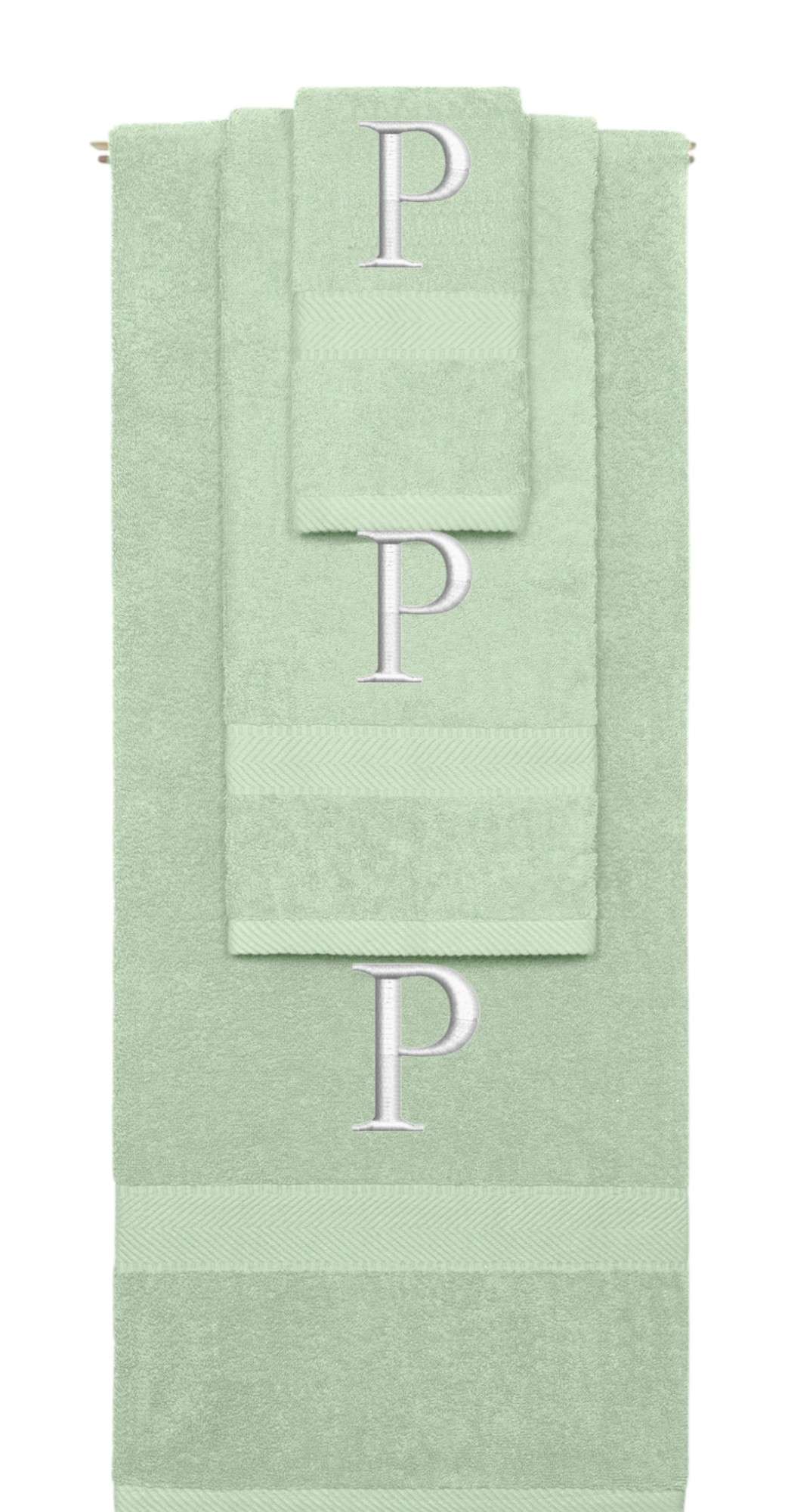 Mint Green monogrammed towel set with Silver thread, Times New Roman font, initial P - 540 GSM cotton 3-piece