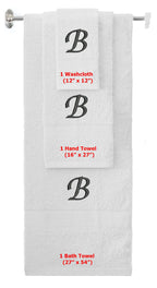 White monogrammed towel set with Black thread, Chancery font, initial B - 540 GSM cotton 3-piece