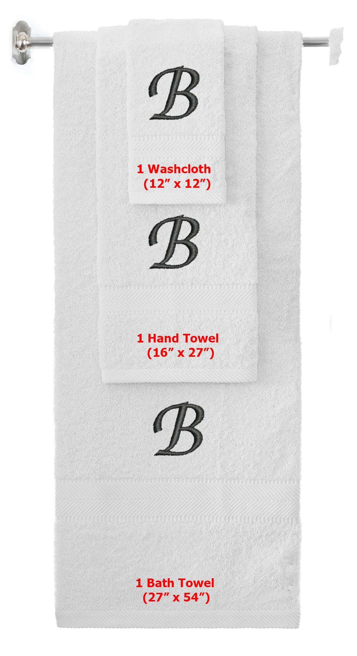 White monogrammed towel set with Black thread, Chancery font, initial B - 540 GSM cotton 3-piece