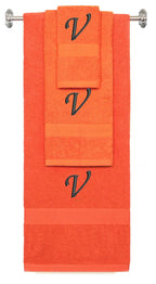 Orange monogrammed towel set with Black thread, Chancery font, initial V - 540 GSM cotton 3-piece