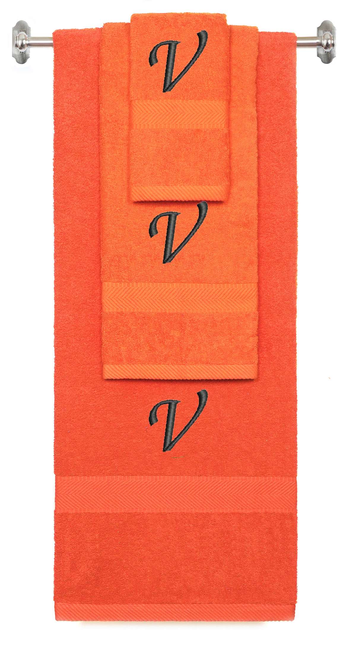 Orange monogrammed towel set with Black thread, Chancery font, initial V - 540 GSM cotton 3-piece