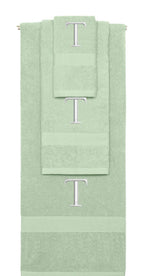 Mint Green monogrammed towel set with Silver thread, Times New Roman font, initial T - 540 GSM cotton 3-piece