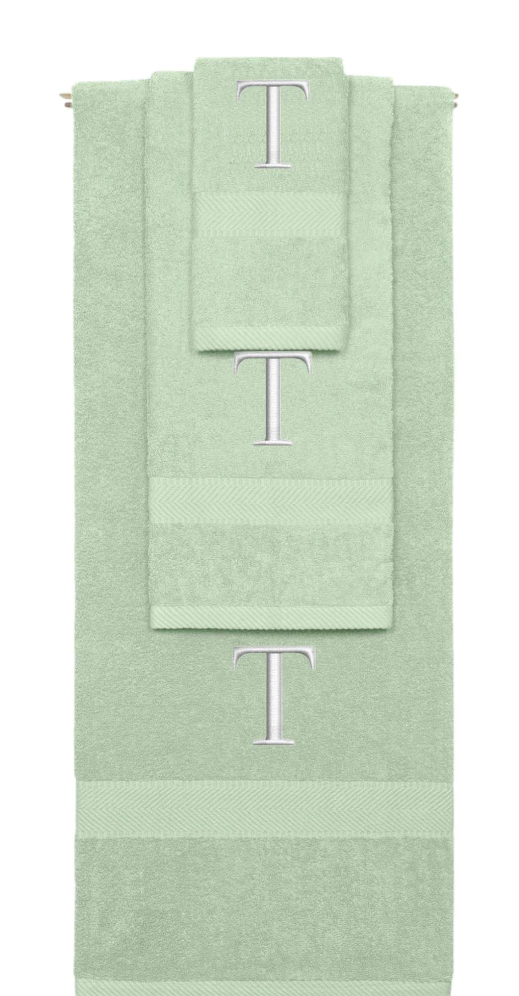 Mint Green monogrammed towel set with Silver thread, Times New Roman font, initial T - 540 GSM cotton 3-piece