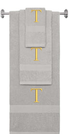 Silver monogrammed towel set with Gold thread, Times New Roman font, initial T - 540 GSM cotton 3-piece