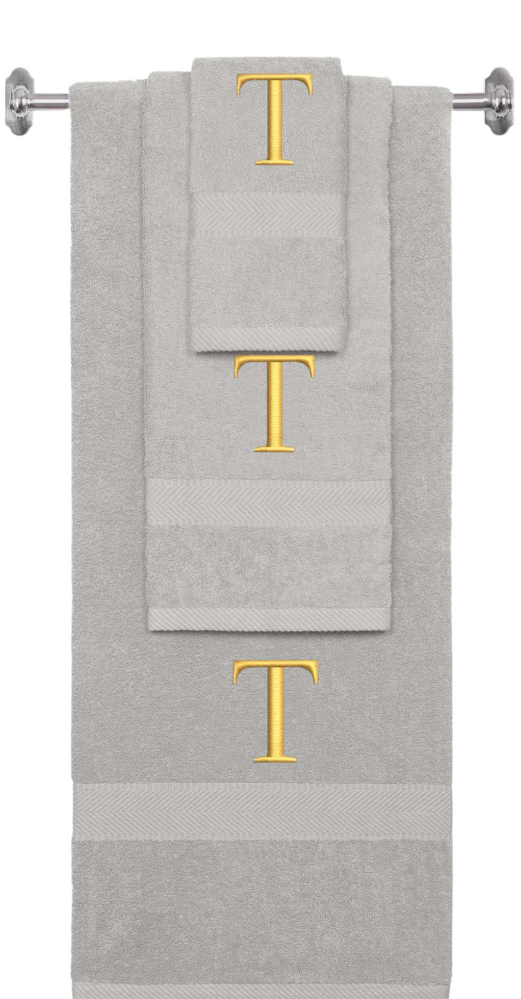Silver monogrammed towel set with Gold thread, Times New Roman font, initial T - 540 GSM cotton 3-piece