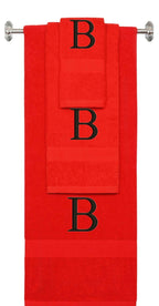 Red monogrammed towel set with Black thread, Times New Roman font, initial B - 540 GSM cotton 3-piece