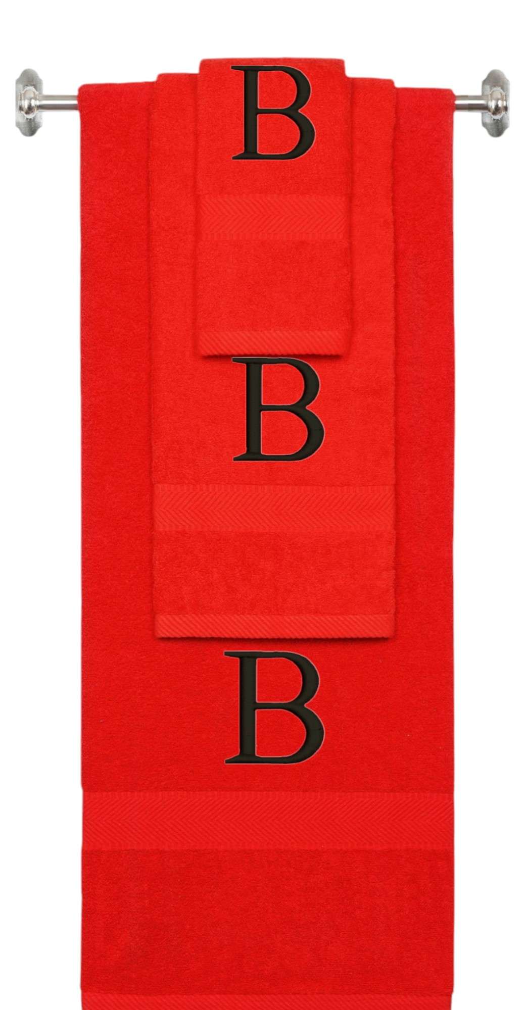 Red monogrammed towel set with Black thread, Times New Roman font, initial B - 540 GSM cotton 3-piece