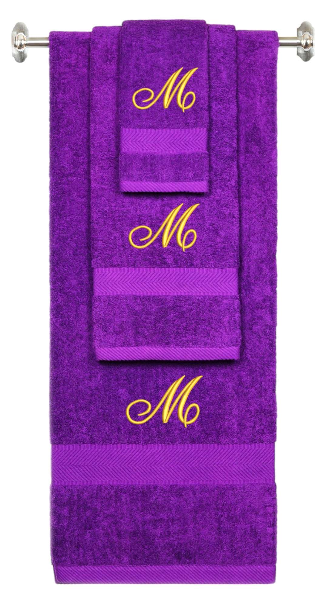 Purple monogrammed towel set with Gold thread, Diana Script font, initial M - 540 GSM cotton 3-piece