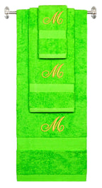 Lime monogrammed towel set with Gold thread, Diana Script font, initial M - 540 GSM cotton 3-piece